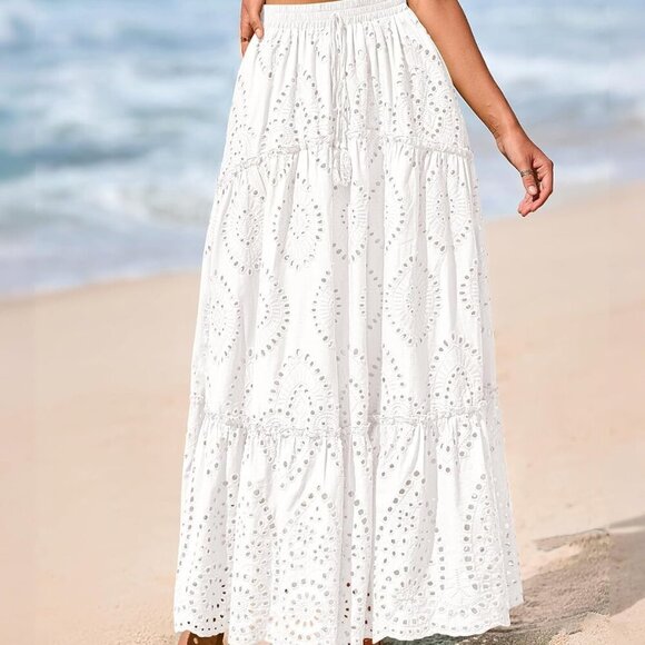 Women Boho Casual Skirts Summer 2025 Lace Embroidery Eyelet Elastic Waist Flowy - Picture 4 of 8